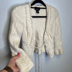 Pure Cashmere Ivory Cable Knit Bobble Tie Front Cardigan Sweater Pearl Button M